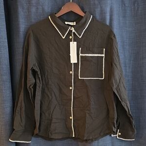 Womens Black Button Up with White Trim Size XL Katie Kasin